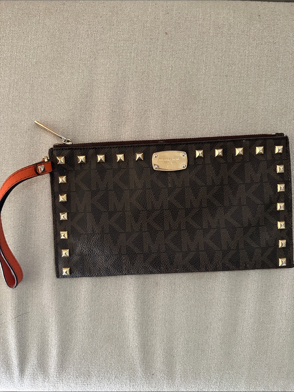 Michael Kors Dark Brown Logo Studded Wristlet with Orange Strap